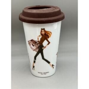 Henri Bendel Ceramic Shopper Shopping Girl & Dog 10oz Travel Coffee Mug